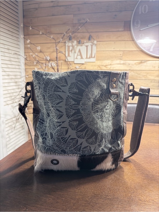 Myra Bag Handbags - Myra Bag Gray Patterned Crossbody with Black and White Haircalf